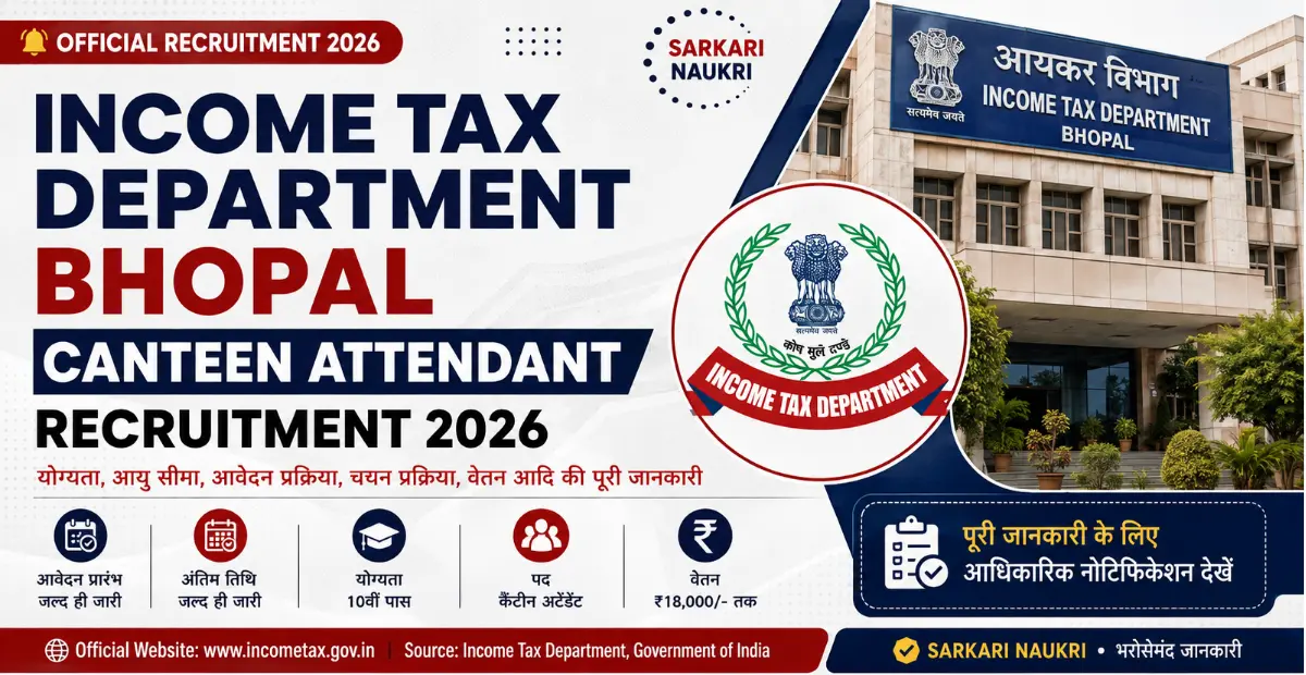 Income Tax Department Bhopal Canteen Attendant Recruitment 2026: Apply for 7 Posts, 10th Pass Eligible